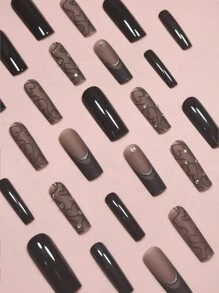 Transform Your Nails With 24pcs Long Coffin Y2K Style Black Goth Heart Pattern&Frosting Glitter Bling Rhinestone Decor Full Cover Nail Kit For Women And Girl Press On Nails Nail Supplies - Multicolor - View 2