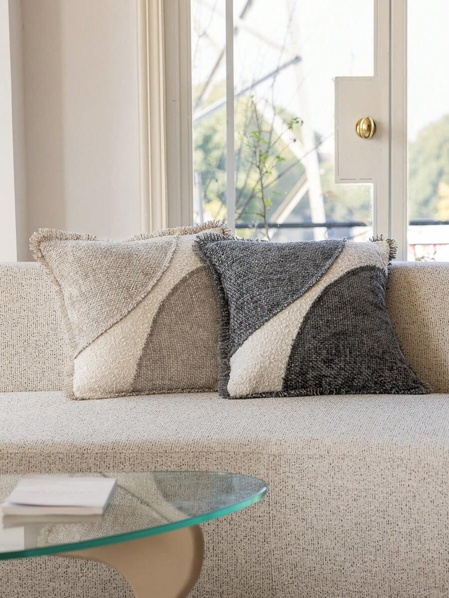 1 件亚麻风格流苏饰边枕套，双色拼布设计，适用于卧室、客厅、沙发，不含枕芯