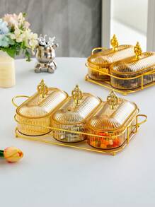 1set Oval Shaped Multi-Grid Dish Tray With Lid, Large Capacity Snack Plate For Multiple Purposes,Kitchen,Christmas Gift - Gold - View 9