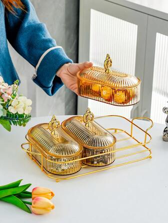 1set Oval Shaped Multi-Grid Dish Tray With Lid, Large Capacity Snack Plate For Multiple Purposes,Kitchen,Christmas Gift