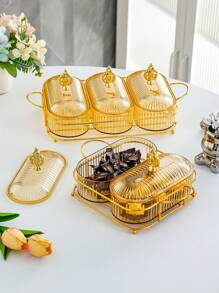 1set Oval Shaped Multi-Grid Dish Tray With Lid, Large Capacity Snack Plate For Multiple Purposes,Kitchen,Christmas Gift - Gold - View 5