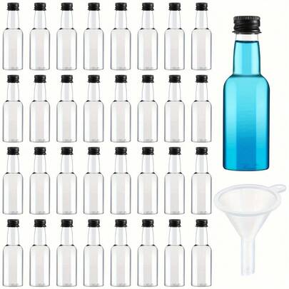 50pcs, Mini Liquor Bottles With Funnels, Airtight Plastic Spirit Bottle With Cap, Little Empty Clear Alcohol Shot Bottles, Miniature Bottles For Wedding, Birthday, Bachelor Party