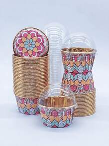 Cakegiugiu 套装，50/100 波西米亚风格带盖纸杯蛋糕，带盖一次性松饼杯，耐热烘焙杯，光泽纸杯蛋糕衬垫，松饼模具，烘焙工具，卷边蛋糕杯，蛋糕托，非常适合婚礼和生日派对 - 藍白色 - 查看 14