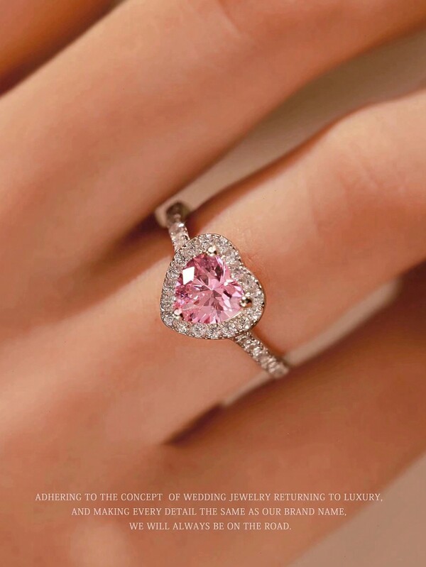 1 pieza Anillo de plata de ley 925 con corazón rosa y piedra de circonita, elegante anillo de plata 925 de dama con circonita individual, regalo de pareja con piedra natal en forma de corazón de colores, estilo de caja aleatorio