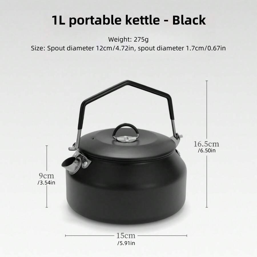 1pc Black Outdoor 304 Stainless Steel Kettle, Perfect For Camping And Hiking, 1l Size Large Capacity Coffee Pot Teapot, Portable And Convenient For Boiling Water - Black - View 1