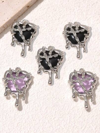 5pcs Punk Style Metal Lock Chain Liquid Heart Shaped Pendant, Suitable For DIY Bracelets, Necklaces, Earrings Accessories For Women