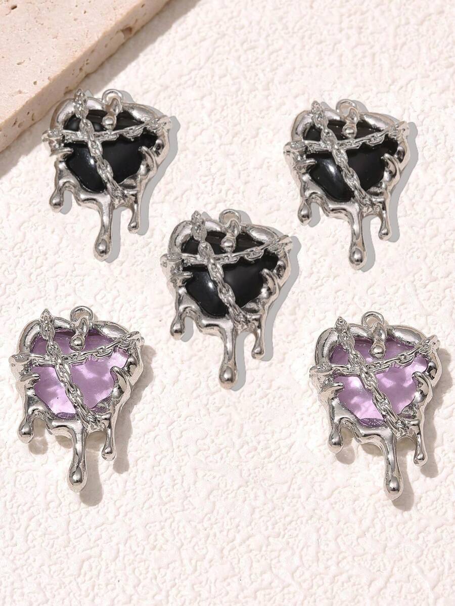 5pcs Punk Style Metal Lock Chain Liquid Heart Shaped Pendant, Suitable For DIY Bracelets, Necklaces, Earrings Accessories For Women
