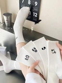 Sports Outdoor 5 Pairs Women's Cartoon Casual Socks Round Neck Mid Tube Fashionable Cute Expression Pattern Socks Casual Breathable Autumn Girls Socks - White - View 5