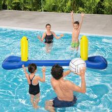 Portería de voleibol inflable para deportes acuáticos infantiles para niñas y niños en piscina, portería de piscina con red y pelota inflable, vuelta al colegio - Amarillo - Ver 1