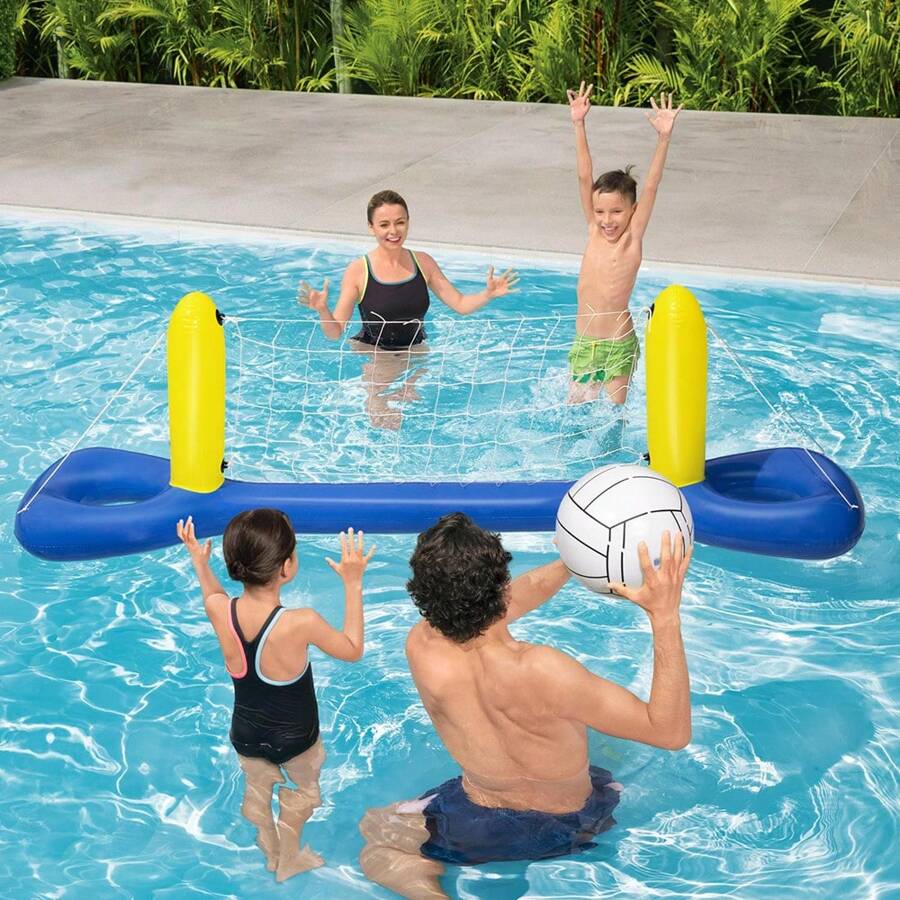 Portería de voleibol inflable para deportes acuáticos infantiles para niñas y niños en piscina, portería de piscina con red y pelota inflable, vuelta al colegio - Amarillo - Ver 1