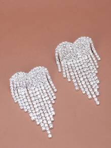 1對時尚心形流蘇耳環,鑲有鑽石裝飾,適合女士參加派對、婚禮等場合 - 銀色 - 查看 3