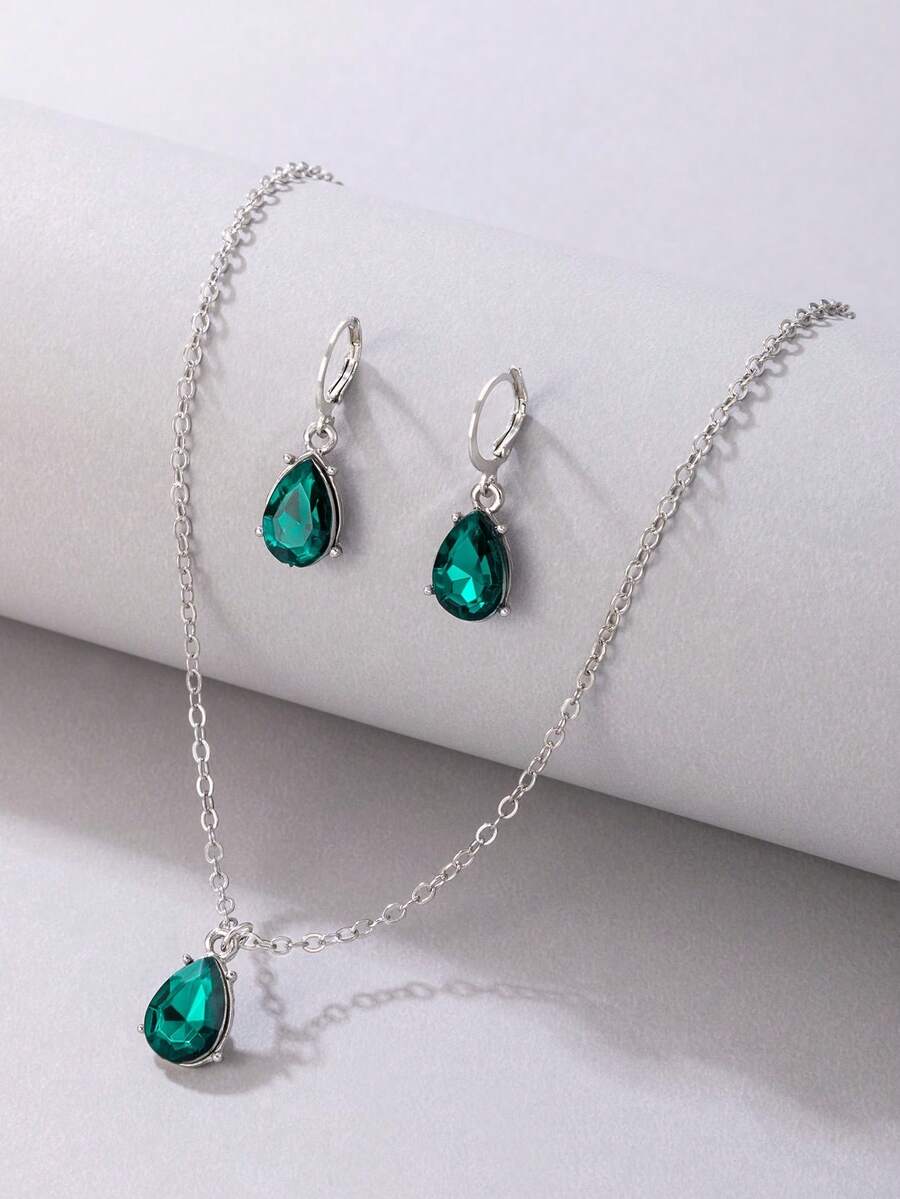 3pcs Jewelry Set: 1pc Simple Chain Rhinestone Necklace, 1pair Simple Rhinestone Earrings, For Women Party Gift - 22846 - View 1