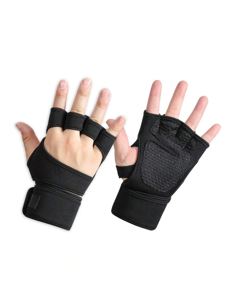 1pair Gym Training Gloves With Pull-Up Assist Bands For Men And Women, Grip & Protect Calluses - Open Finger Hand Palm Protection - Non-Slip Wrist Wraps,Black Gloves