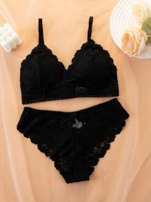 Conjunto de lencería de 3 colores con diseño de encaje y malla, sujetador push-up y bragas transpirables con copas delgadas para mujer