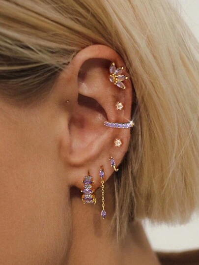 7入組紫色立方氧化鋯耳環,設計簡單優雅,適合女士約會、派對、日常和辦公室穿著