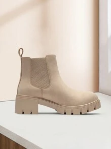 搭配毛衣裙，女士时尚纯色百搭坡跟靴，刺绣侧拉链连衣裙，女式冬靴 - 米色 - 查看 7