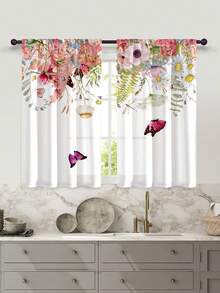 2 Piezas Cortinas De Bolsillo En Varilla De Patrón De Flores Y Mariposas Impresos Digitalmente En Multicolor Para Decoración Del Hogar, Todas Las Estaciones, Adecuadas Para La Cocina - Multicolor - Ver 5