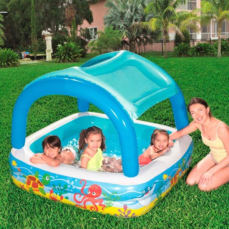 Piscina Hinchable Infantil Azul con Techo Alberca Inflable Cuadrada Para 3 Niños 1.40 mts - Azul - Ver 1