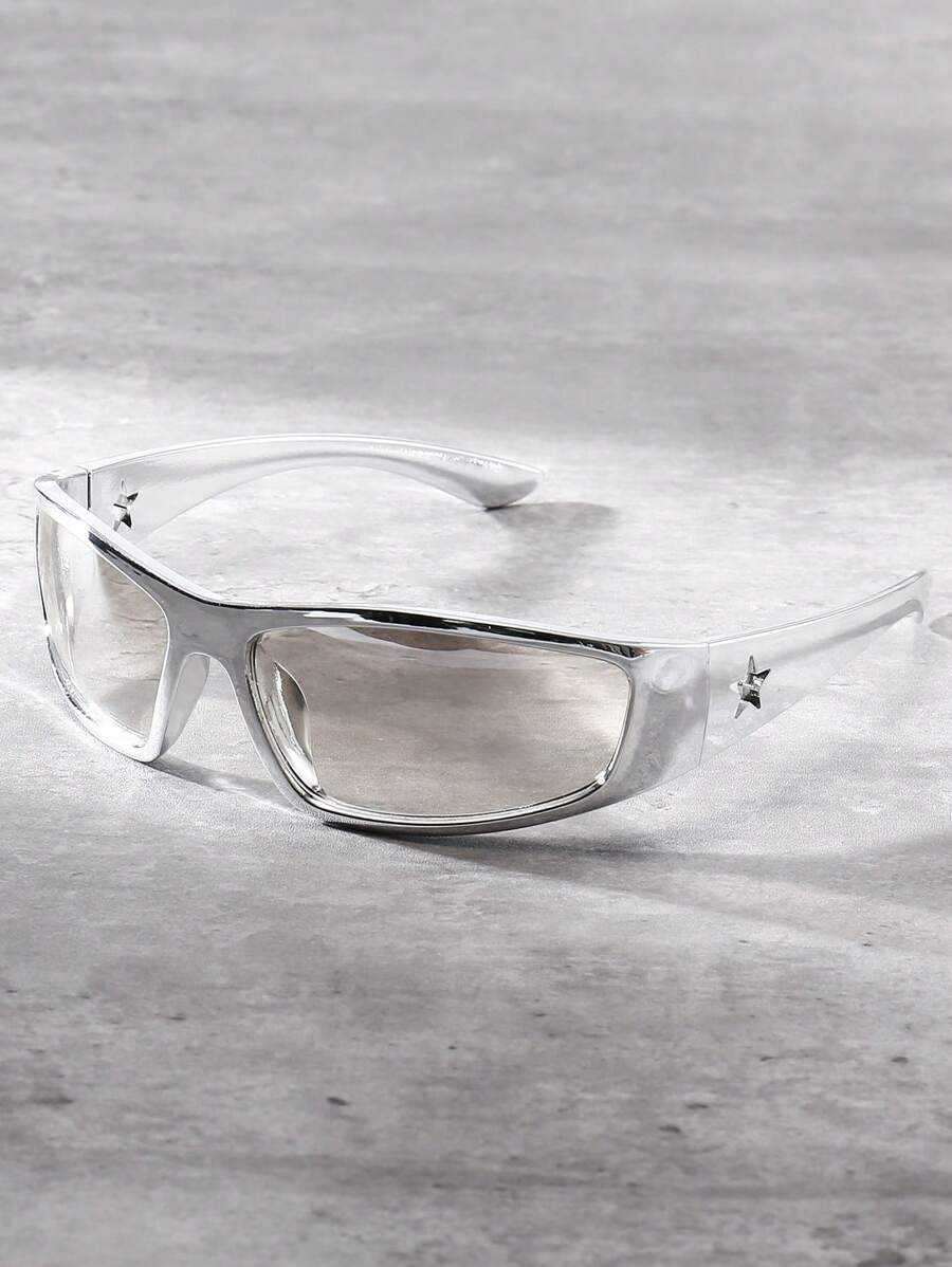 1副Y2K时尚男女通用未来主义风格五角星时尚眼镜街头時尚眼鏡配饰沙滩配饰眼镜時尚眼鏡，适合夏季海滩度假、户外、旅行 - 銀色 - 查看 1
