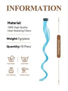 10 lọn tóc nối kẹp nhiều màu sắc, 22 inch, màu xanh nhạt, tóc giả xoăn dài, tóc nối kẹp dùng cho lễ hội âm nhạc, cosplay, tiệc thời trang, quà Giáng sinh và năm mới (Dành cho nữ) - Màu xanh nhạt - Xem 4