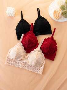 Conjunto de lencería de 3 colores con diseño de encaje y malla, sujetador push-up y bragas transpirables con copas delgadas para mujer