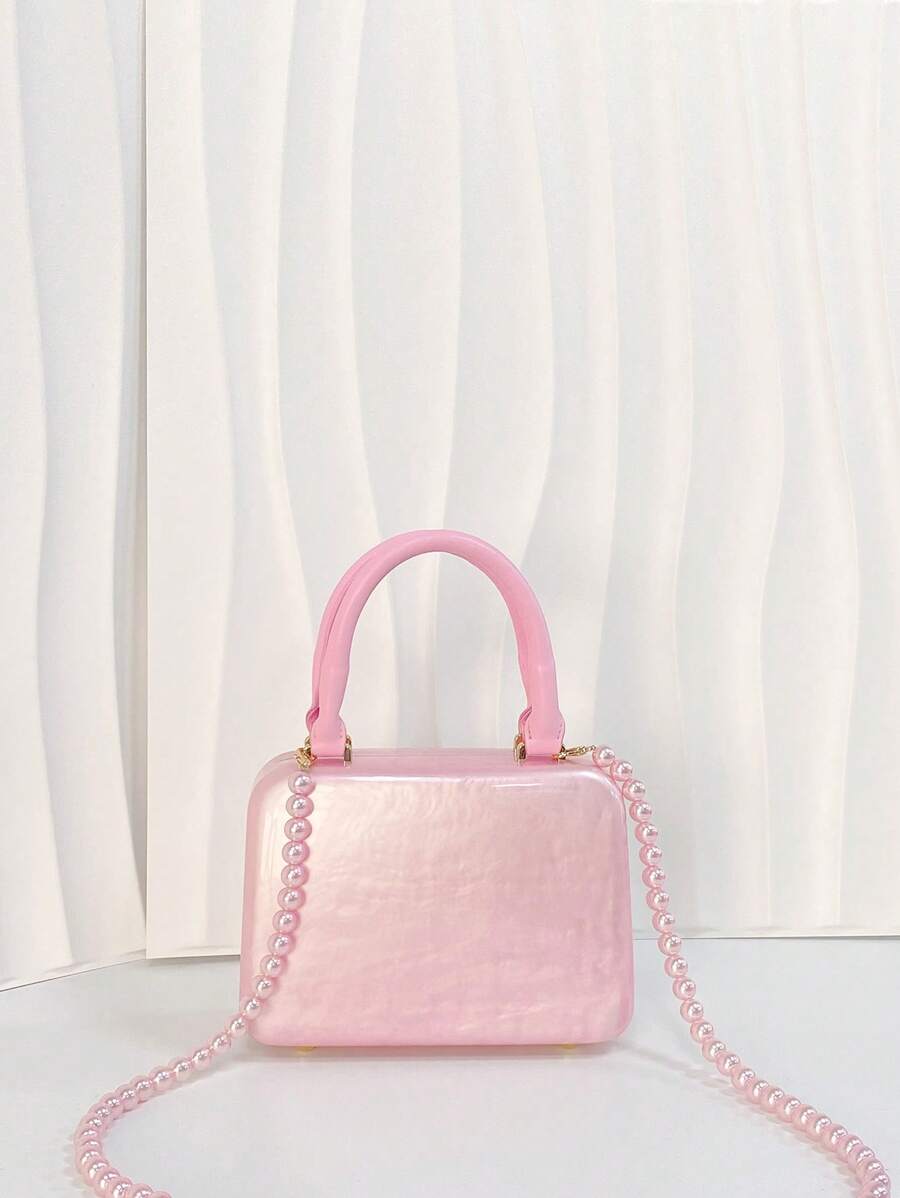 Acrylic Marble Pattern Pearl Chain Clutch Bag Crossbody Bag - Pink - View 1
