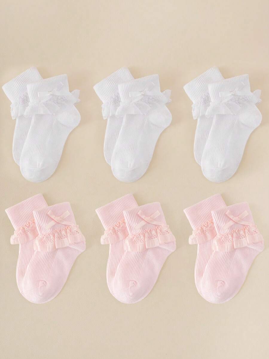 6đôi Em bé Cô gái Vớ Trắng hồng Ren Cắt tỉa Theo chiều dọc Sọc Mềm mại Thoải mái Thoáng khí Vớ Với Bowknot , Thích hợp Đối với Mặc hàng ngày Hoặc - Nhiều màu - Xem 1