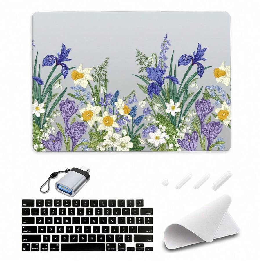 5 In 1 Màu nước Xương rồng Mẫu Vỏ máy tính xách tay Tương thích với Macbook Air 13 13.6 14 15 15.3 16 Inch M1 M2 M3 Với Trưng bày Và Chạm Quán bar & DI 2015 2016 2017 2018 2019 2020 2021 2022 2023 2024