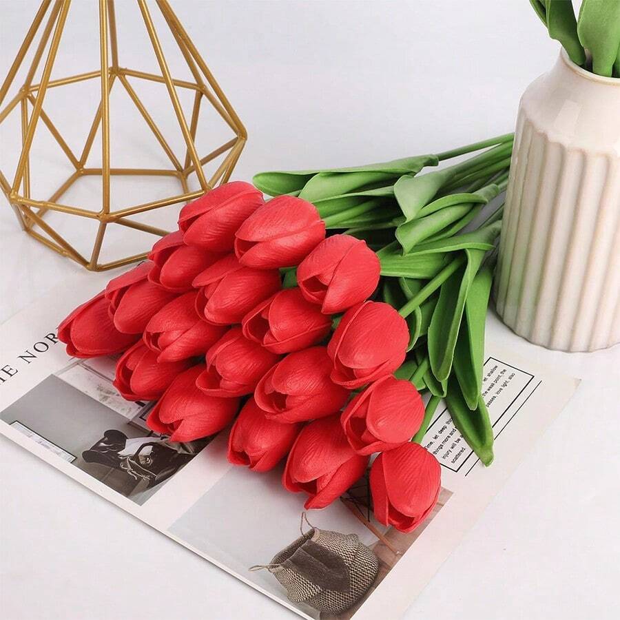 5 件红色复活节人造郁金香花 - 紅色 - 查看 1