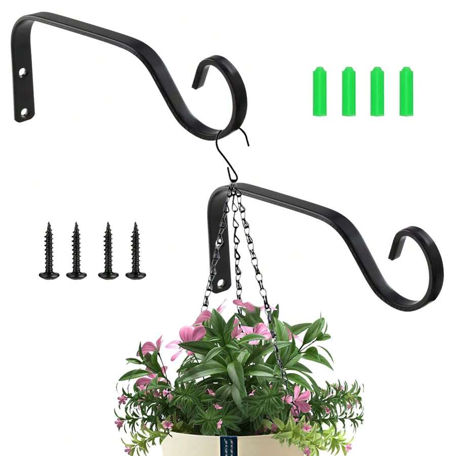 2入組草木盆栽掛籃架,鐵製牆掛勾,適用於野鳥房、風鈴、燈籠 18.5 Cm 集合 - 黑色 - 查看 1