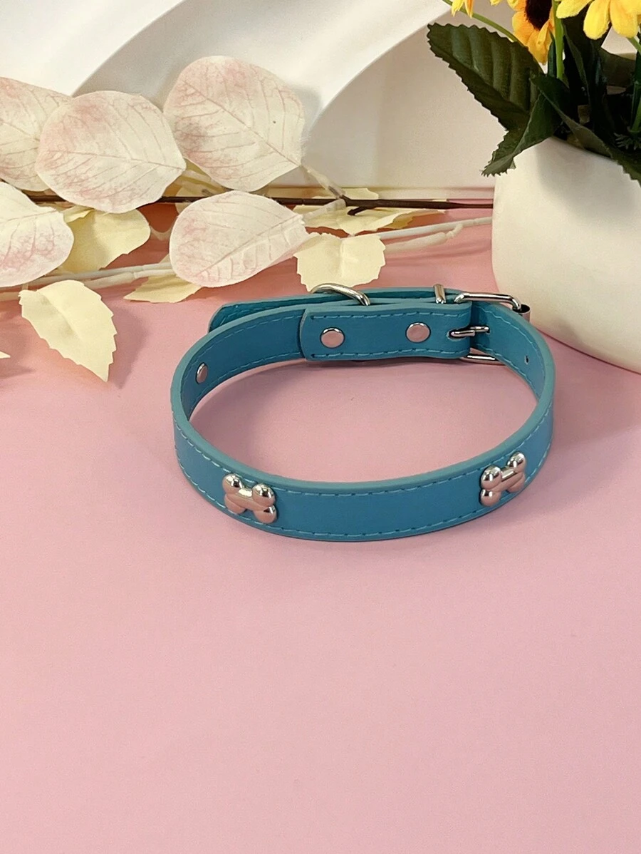 Suministros Para Mascotas, Collar Para Perro, Collar De Cuello Con Forma De Hueso De PU Estilo Punk Para Perros Grandes, Medianos Y Pequeños, Múltiples Colores Para Elegir - Azul - Ver 1