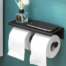 1pc Stainless Steel Toilet Paper Holder With Storage Shelf, Minimalist Design, Detachable, Multi-Functional Kitchen/Bathroom Storage Rack, Black Wall-Mounted Double-Roll Tissue Dispenser - Black - View 3