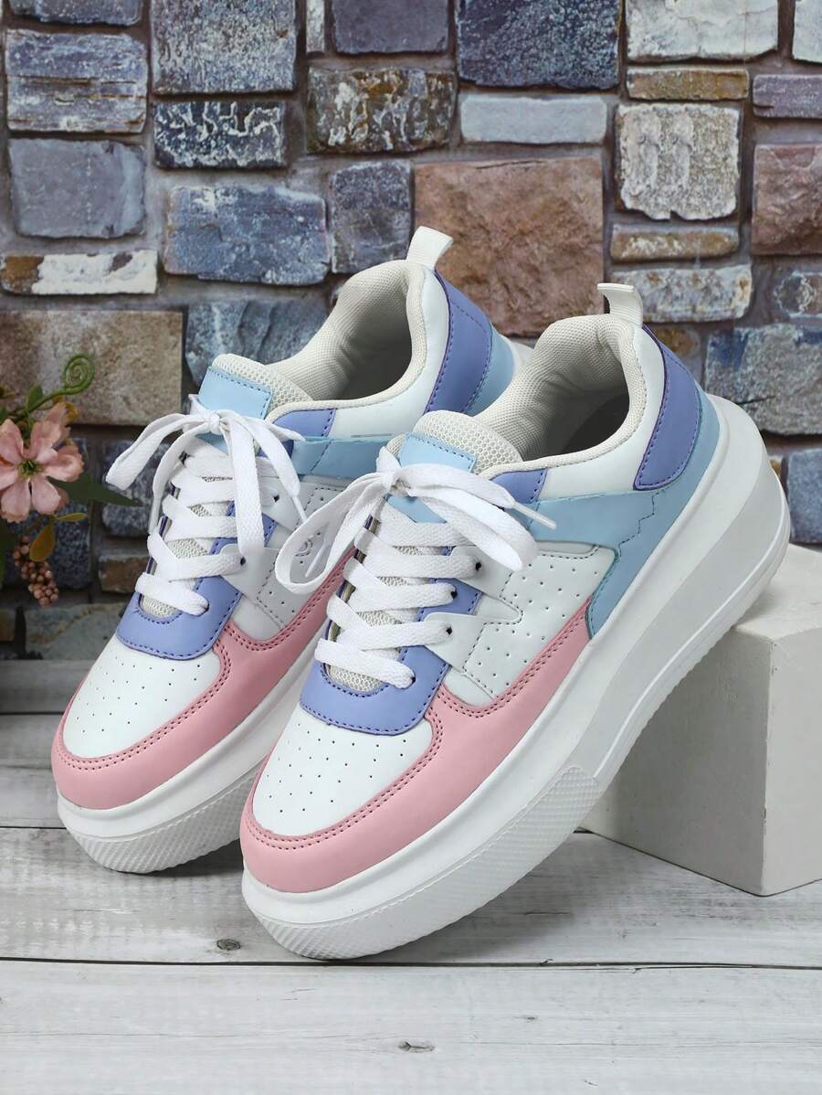 女款粉藍色厚底楔型低頂帆布鞋帶式運動鞋,時尚可愛街頭風休閒鞋 - 白色 - 查看 1