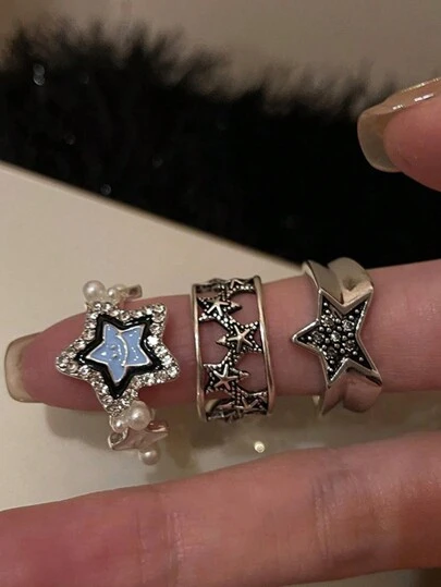 3入組復古星星裝飾開環戒指,適用於女性日常佩戴