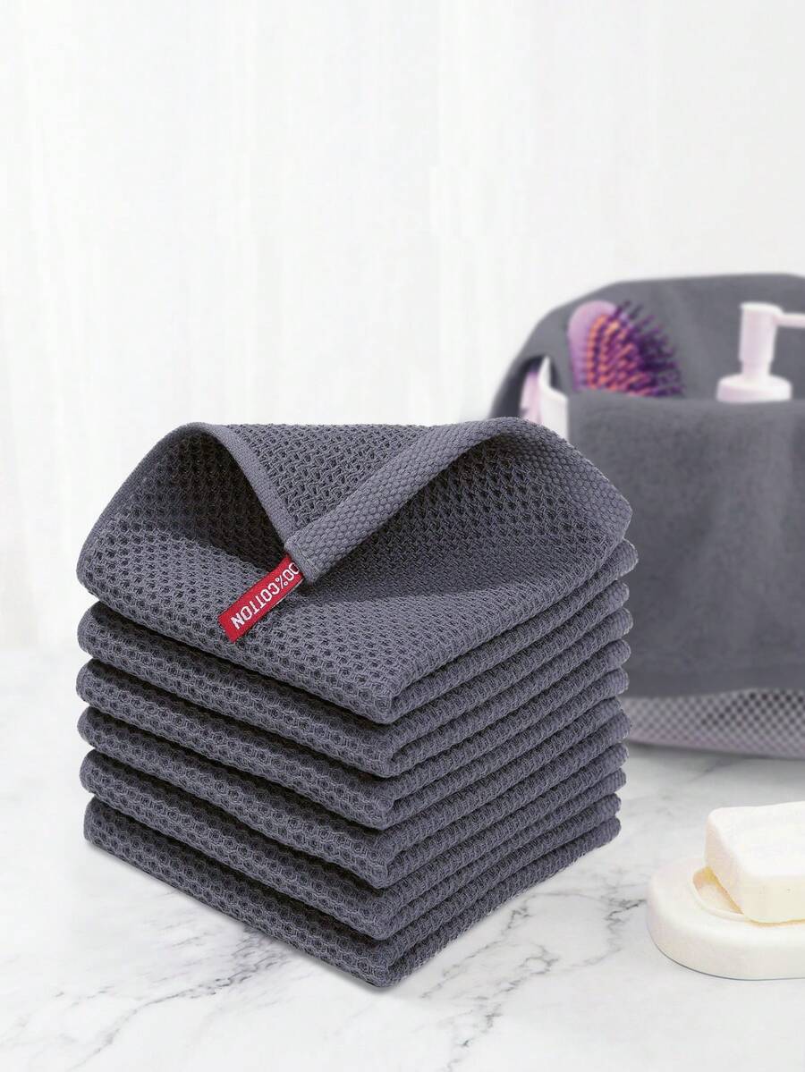 6pcs Solid Color Kitchen Dish Towel,Thickened Soft Absorbent Cleaning Cloth,Waffle Square Towel, Christmas Decor,Room Decor - 灰色 - 查看 1