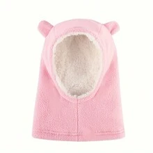 1頂兒童卡通毛絨帽,可保護頸部,堅固防風的可愛實色加厚熊帽 - 粉色 - 查看 1