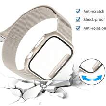 1 Set Fashion Trendy 3-In-1 Magnetische Roestvrijstalen Milanese Horlogeband & Case Film Combo Met Dubbele Rij Strass-steentjes Compatibel Met 38mm 40mm 41mm 45mm 44mm 42mm 46mm 49mm, Ultra Series Ultra 9 8 7 6 5 4 3 2 1 SE Series 10, Comfortabele Ademende Vervangende Band, Krasbestendige Waterdichte Schokbestendige Horloge Beschermhoes Voor Vrouwen En Mannen