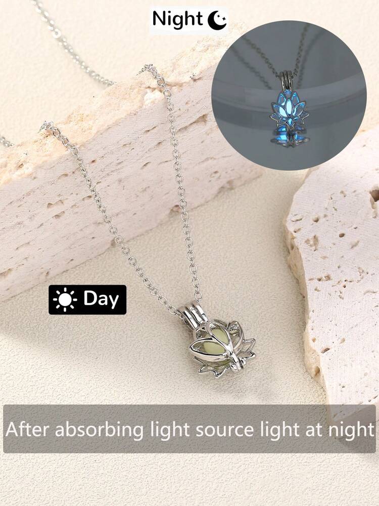 Fashionable Creative Luminous DIY Lotus Shaped Pendant Necklace, Which Can Be Opened, Sky Blue Luminous, 1pc