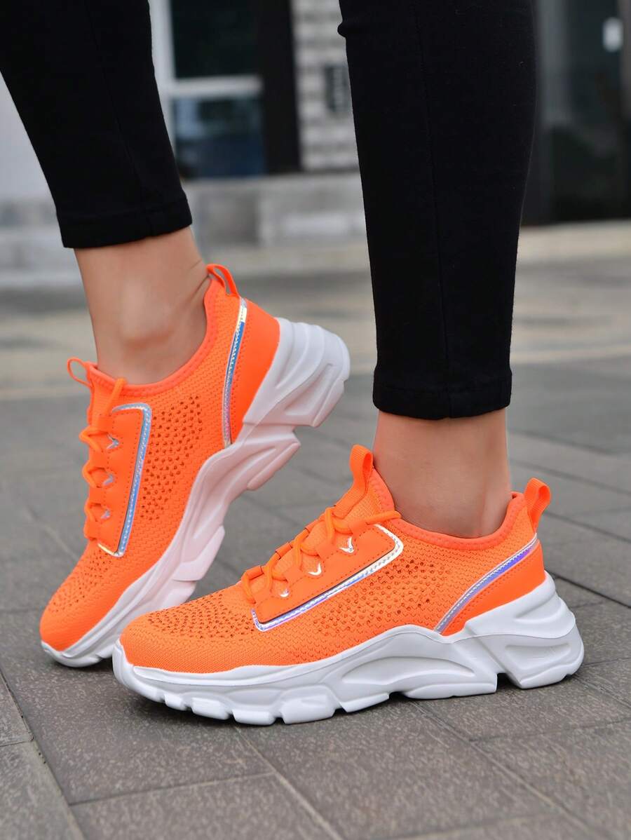 女士綁帶厚底運動鞋,鑲有鑽石細節,舒適輕盈,橘色 - 橘色 - 查看 1