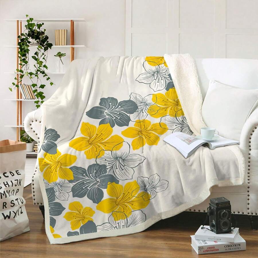 Floral Blanket Throw Terracotta Gold Flower Pattern Fuzzy Warm Fleece Microfiber For Couch Chairs Soft All Season - Yellow - View 1