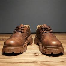 男鞋春季英倫風商務正裝皮鞋厚底黑頭休閒鞋增高 - 棕色 - 查看 4