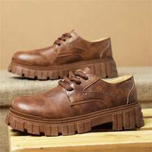 男鞋春季英倫風商務正裝皮鞋厚底黑頭休閒鞋增高 - 棕色 - 查看 5