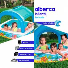 Piscina Hinchable Infantil Azul con Techo Alberca Inflable Cuadrada Para 3 Niños 1.40 mts - Azul - Ver 2