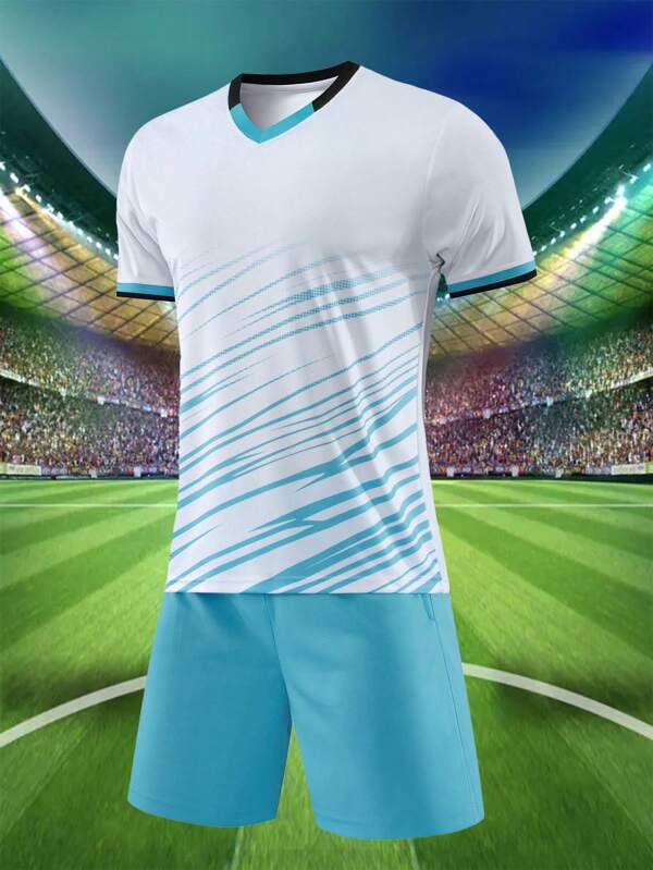Boyfriend Style Men's Color Block Striped V-Neck T-Shirt And Plain Shorts Set, Sport Soccer Uniform Ronaldo Jersey