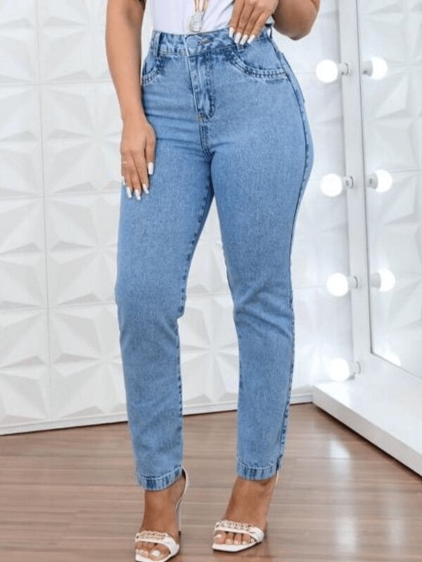 saina office 014 calca jeans feminina lisa sem rascada com bolsa 014