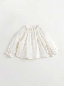 MARC&JANIE 少女甜美可愛的郁金香花紋立領泡袖長袖襯衫,適用於春季