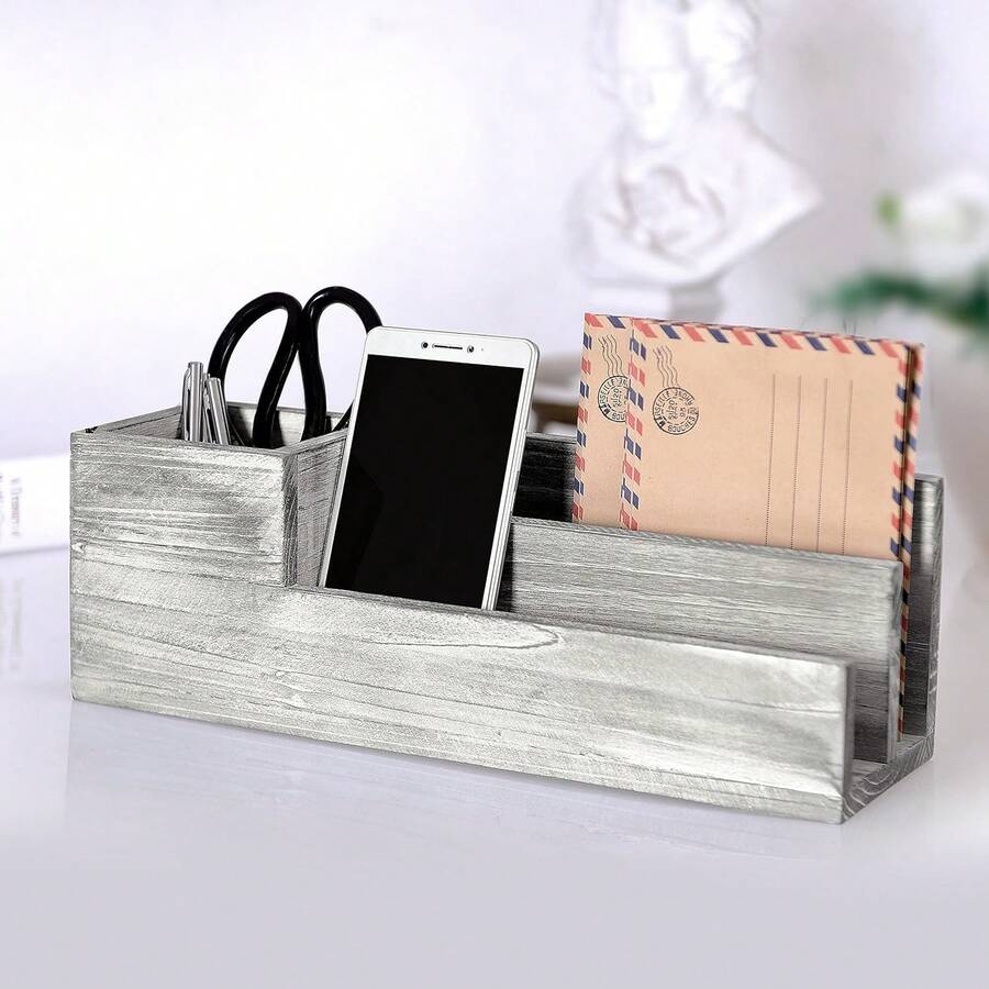 MyGift Tabletop Home Office Gray Wood Accessory Organizer Station ...