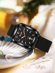 1入女士正方形矽膠錶帶手錶,日曆和石英運動 - 黑色 - 查看 2