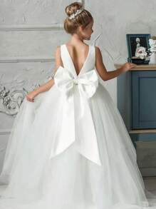 Vestido de fiesta de princesa con cuello en V y moño para niña preadolescente, adecuado para fiesta de cumpleaños, regalo del Día de San Valentín, vestido de dama de flores para bodas, disfraz para cosplay, baile de disfraces y celebración de festivales