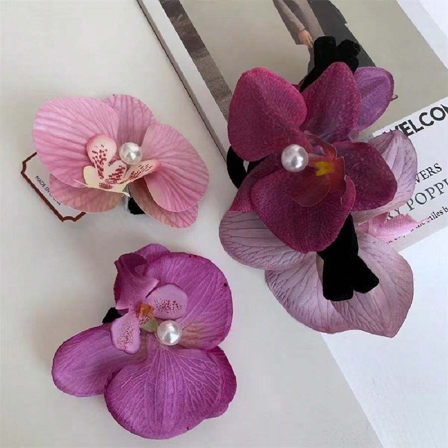 波西米亚风 1 件装蝴蝶兰花朵发夹仙女森林夹爪夹发夹发夹 - 杏色 - 查看 1